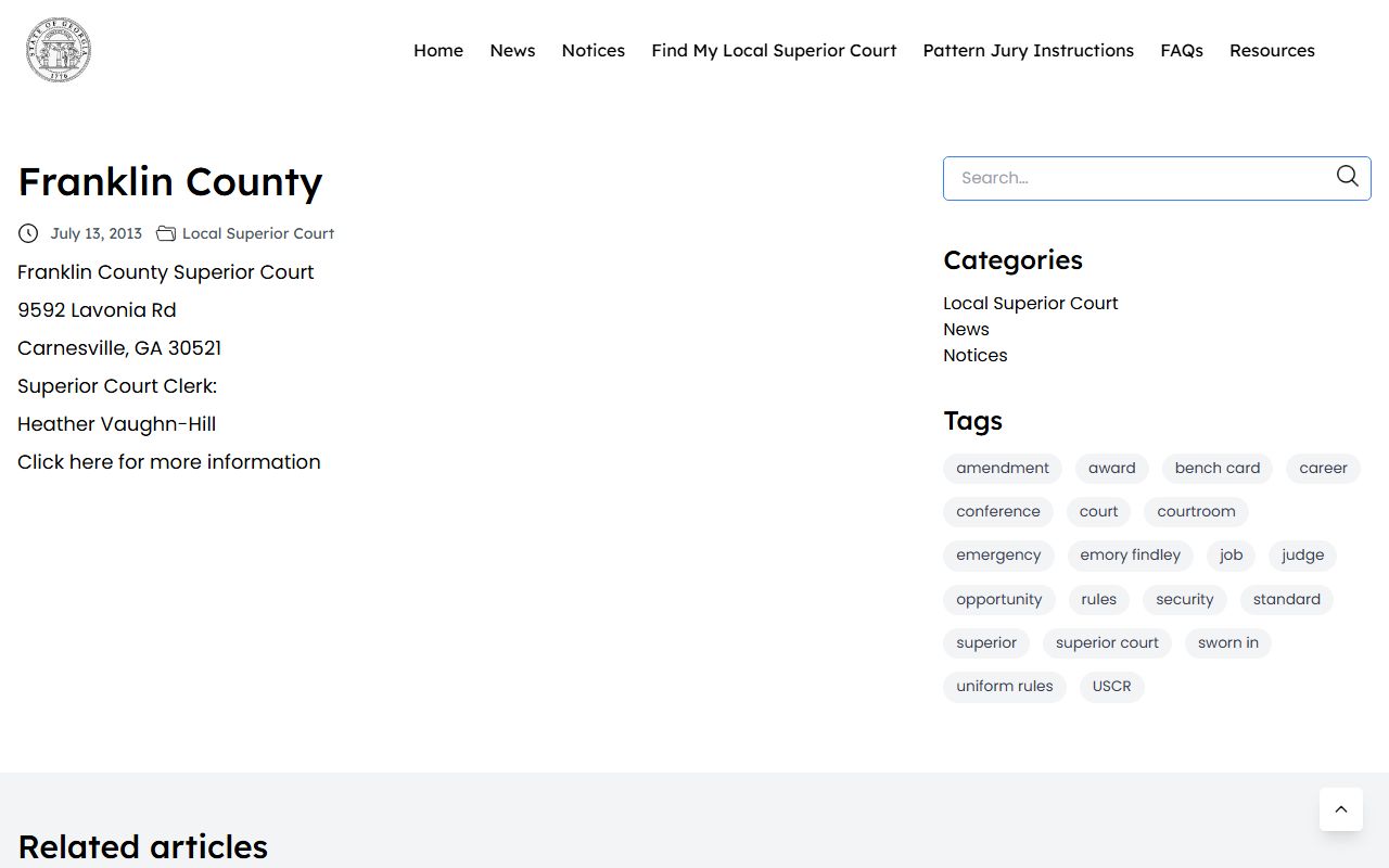 Franklin County Clerk of Superior and Juvenile Courts records Superior Court page